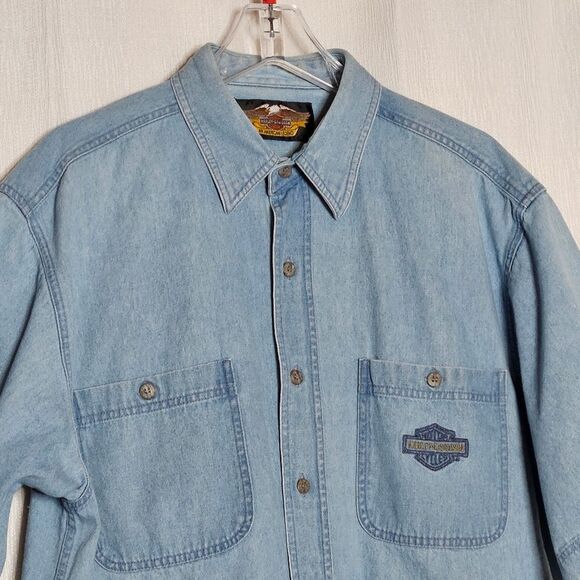 Harley-Davidson Vintage Big & Tall Short Sleeve Washed Denim Button Front Shirt - Picture 2 of 12